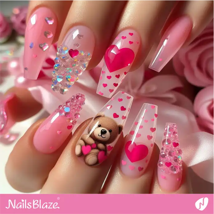 Embellished Clear Teddy Bear Nails | Valentine Nails - NB2413